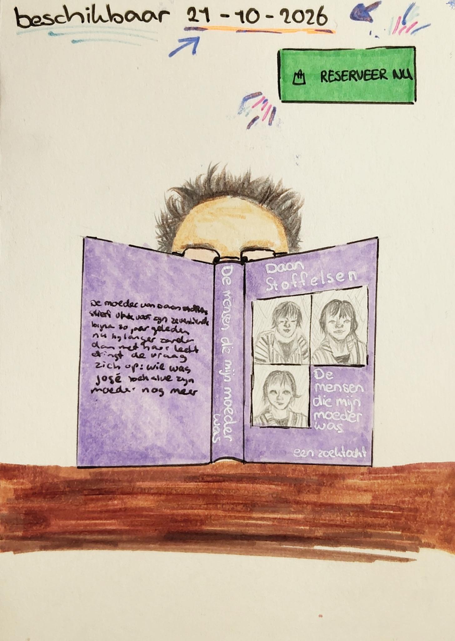Tekening door Diete Stoffelsen: Daan achter zijn eigen boek, met bestelknop: beschikbaar 21-10-2026