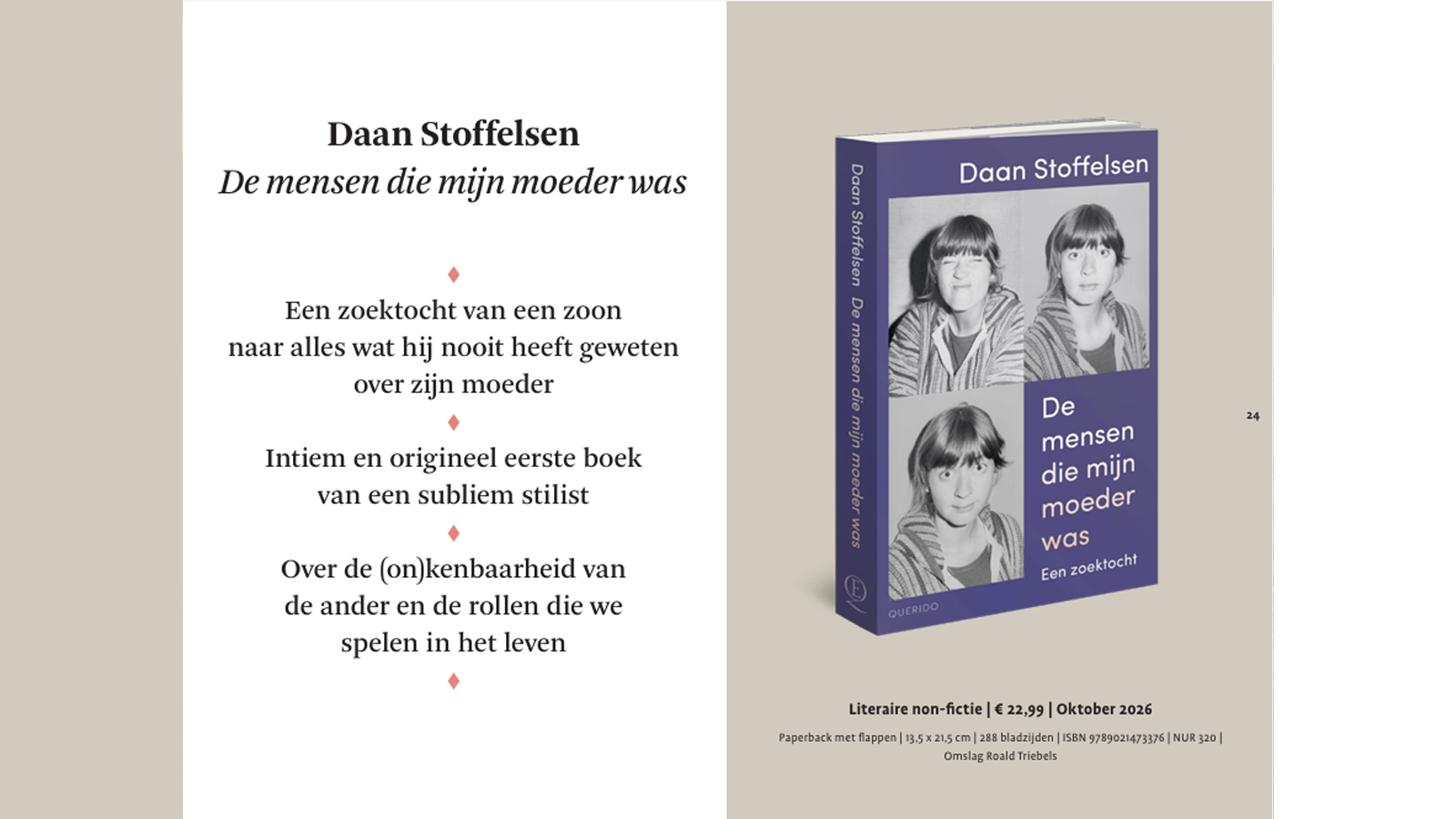 Een van de pagina's voor Daan Stoffelsens De mensen die mijn moeder was. Een zoektocht in de prospectus van Uitgeverij Querido